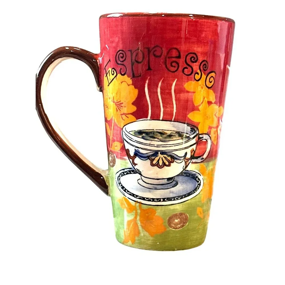 Espresso Hand Painted Floral Cafe Art Tumbler Mug Warm Cottage Kitchen Decor Red - Picture 5 of 10